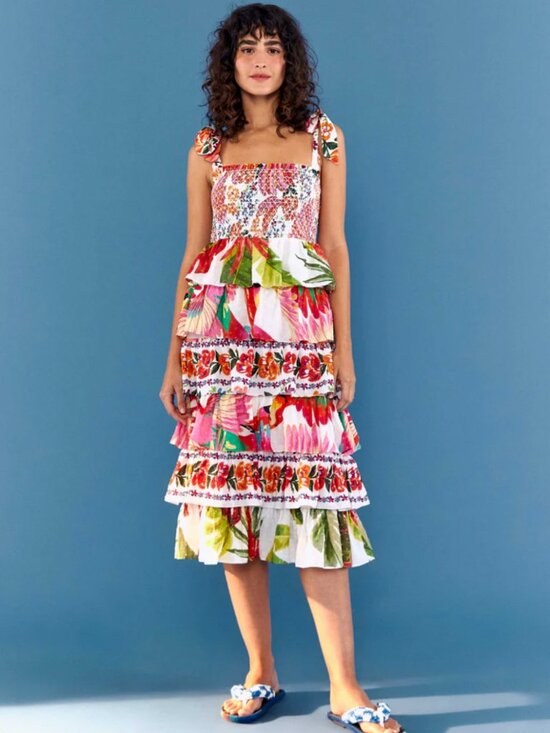FARM Rio Dresses & Skirts - NWT FARM Rio tiered smocked boho multicolor tropical floral midi dress w/ ties